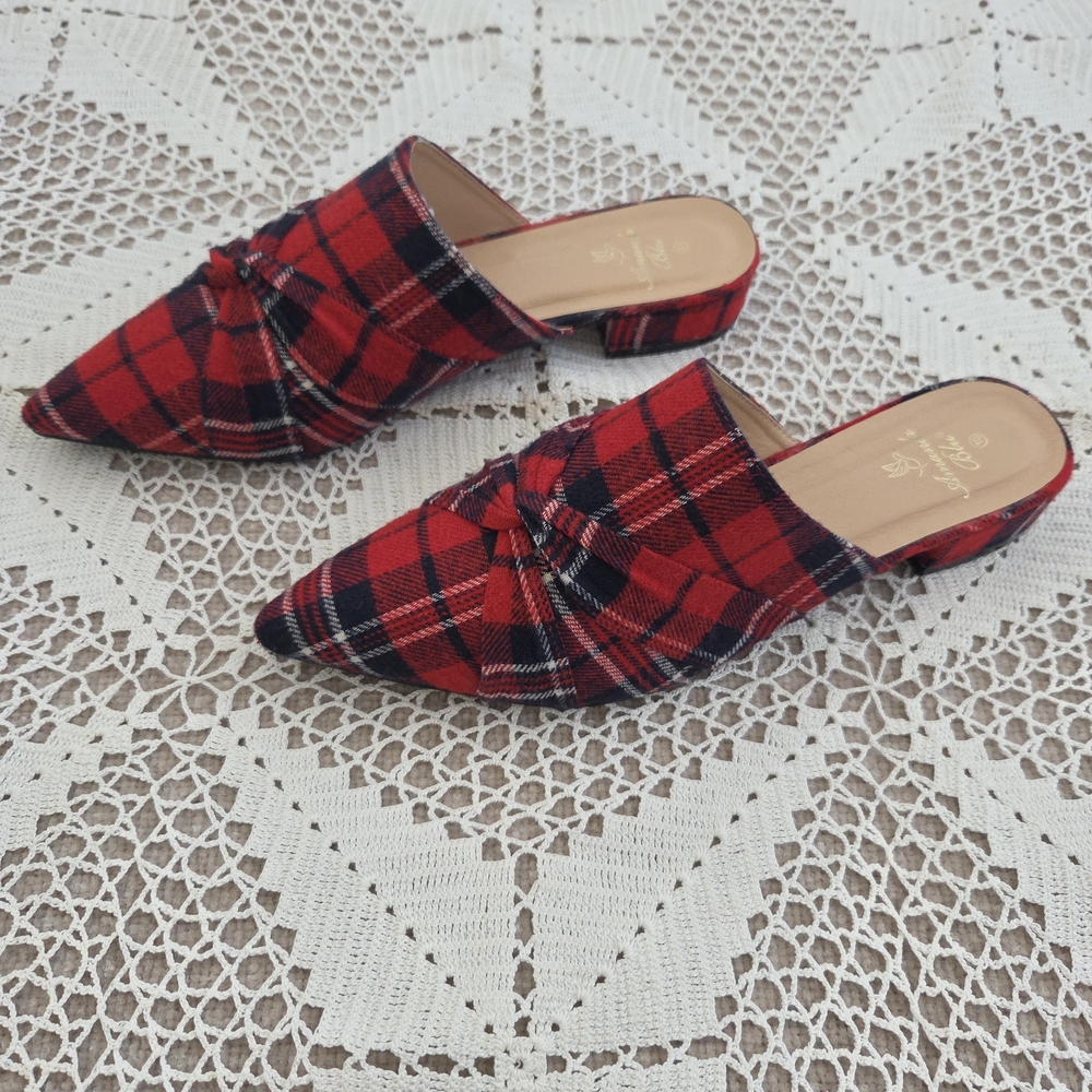 Amanda Blu Red Plaid Mules with Bow Detail Size 10 - Picture 3 of 7